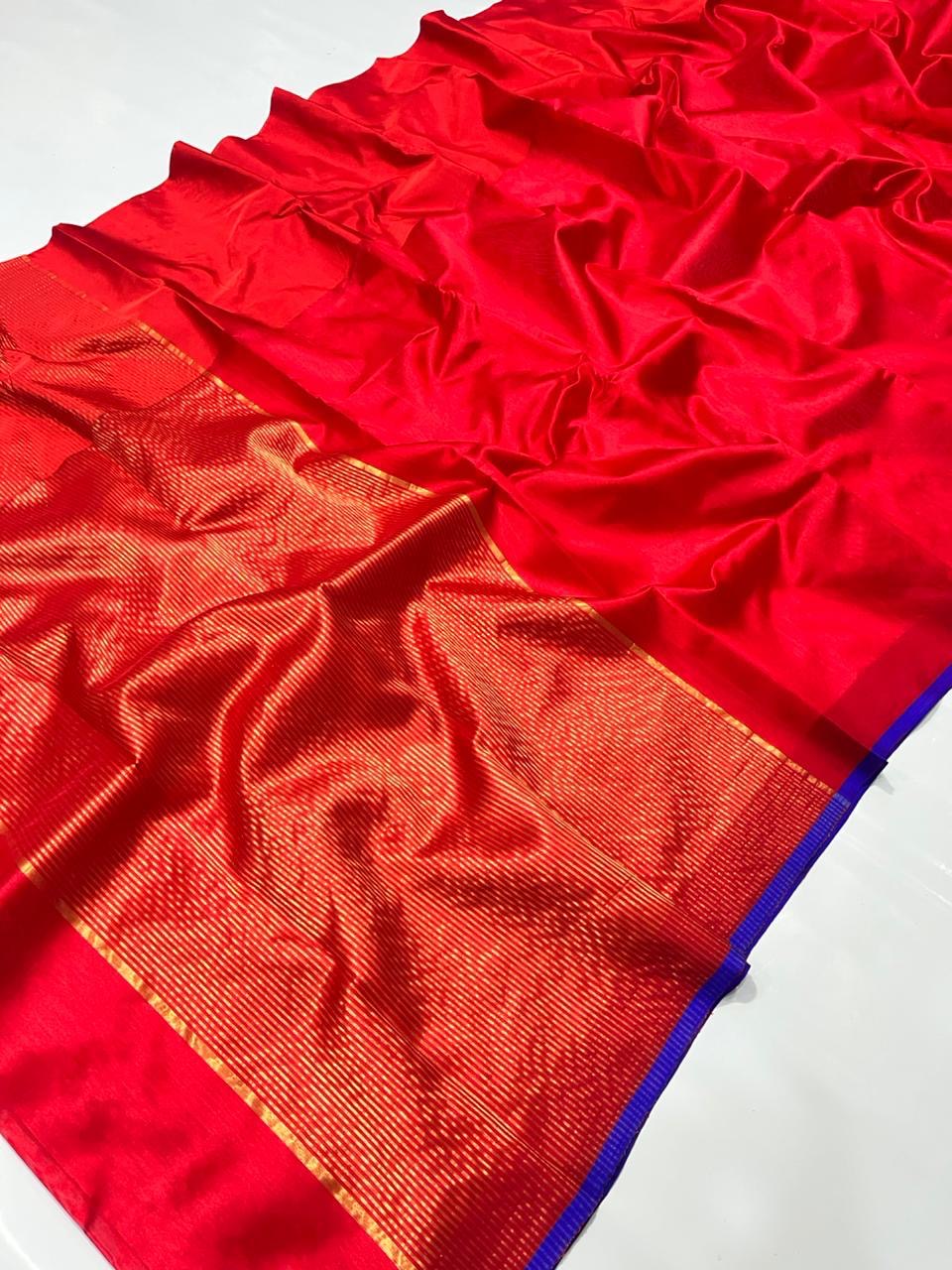 Ruby red pure silk Chanderi handloom saree with vivid violet border and luminous festive drape