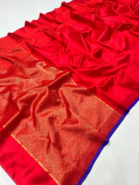 Ruby red pure silk Chanderi handloom saree with vivid violet border and luminous festive drape