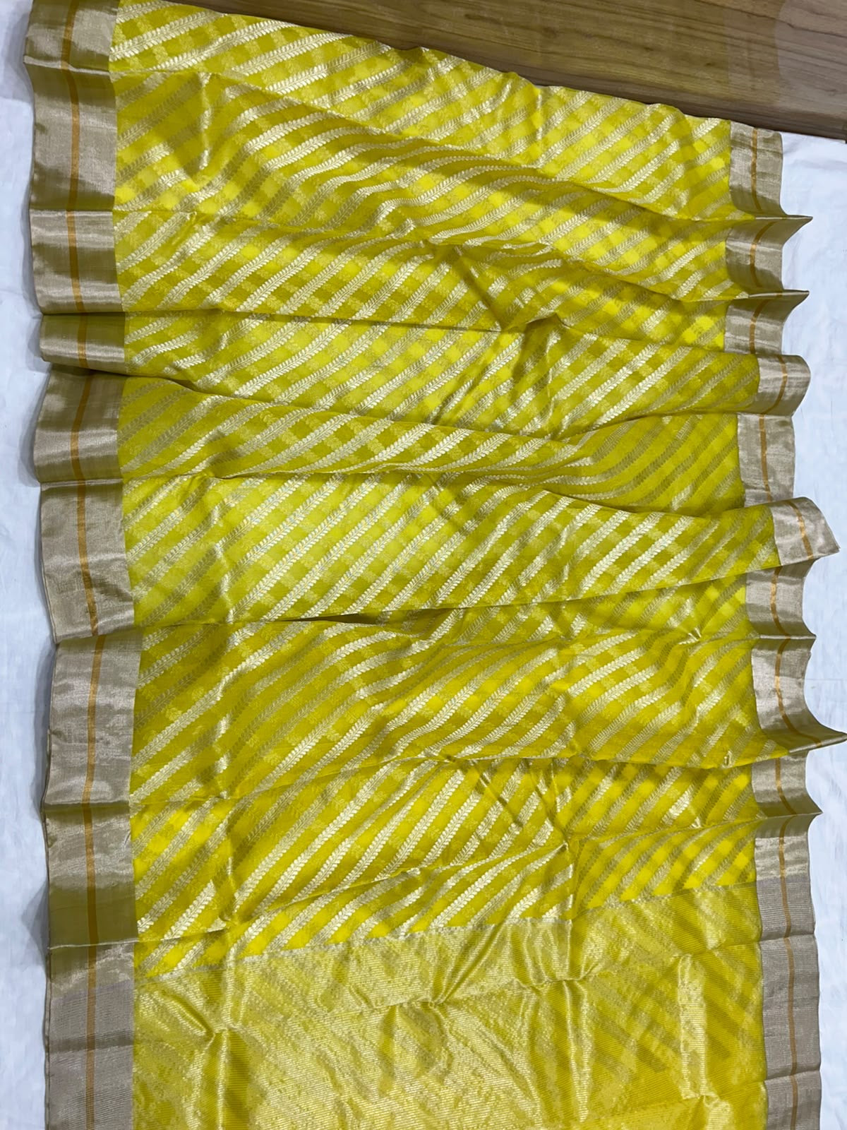 Sunlit Turmeric Yellow Diagonal Zari Katan Silk Chanderi Saree, metallic pallu panel catching the light
