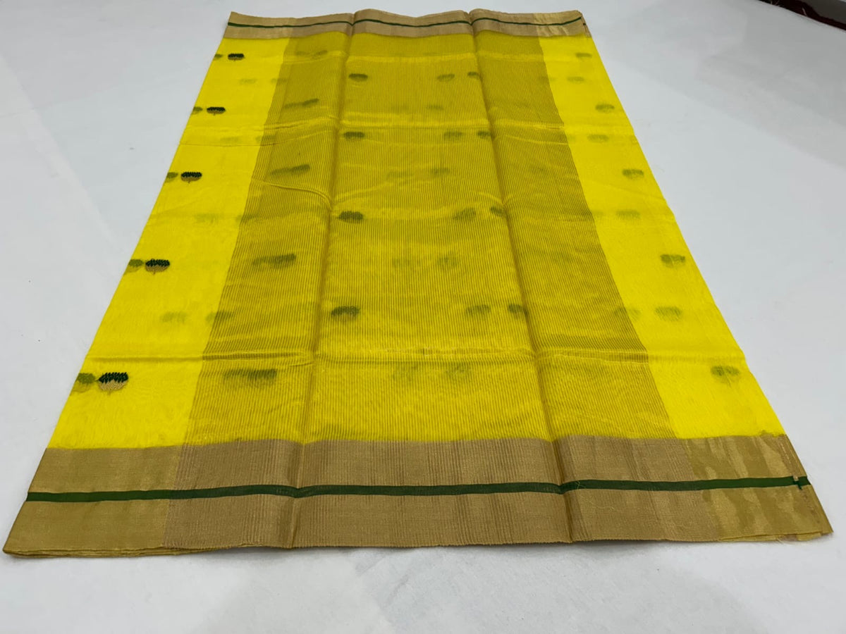 Sunshine Yellow Green-Edged Mercerized Silk Chanderi Saree, soft-gold border with slim green line close-up