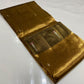 Antique Gold Tissue Silk Chanderi saree showing sheer gold body, olive border, woven buttas and fine striped detailing