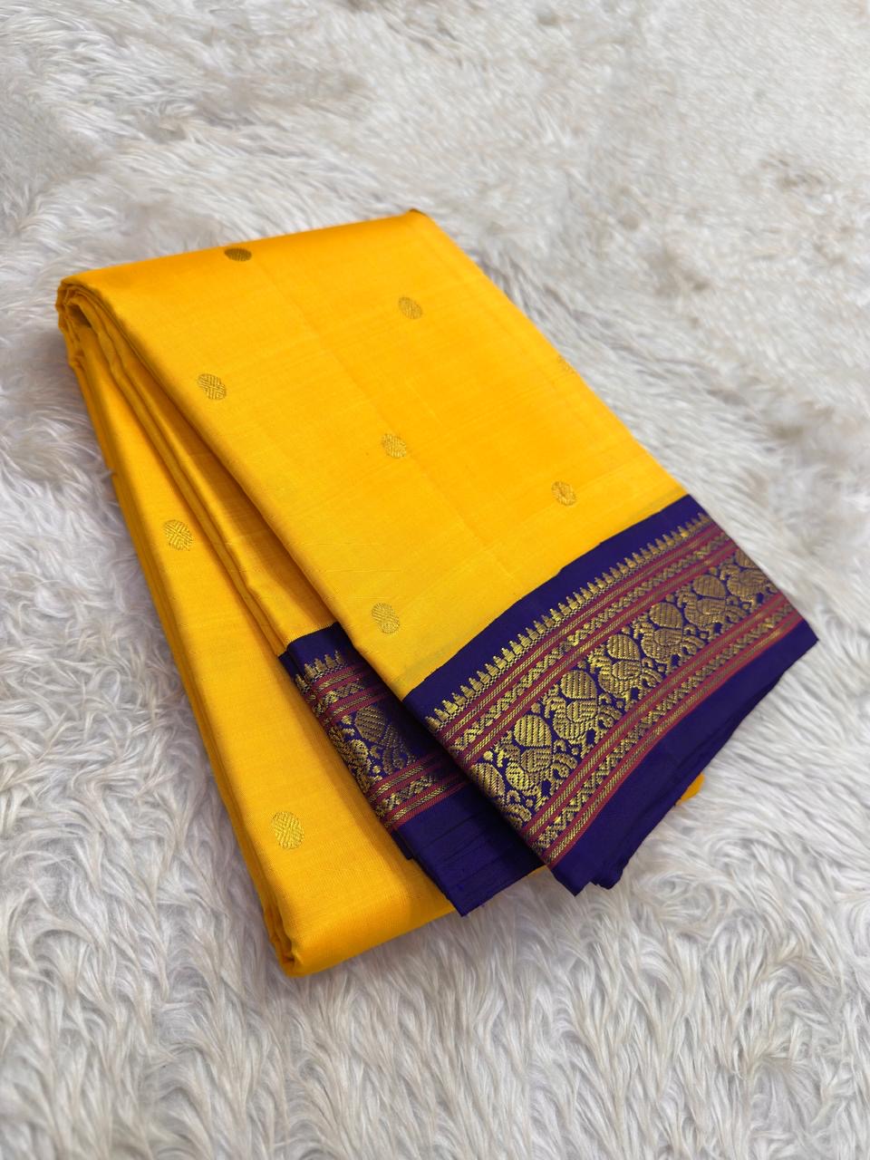 Canary Yellow and Violet Korvai Kanchi Pattu Silk Saree with Maanga Butta and Yaanai Border