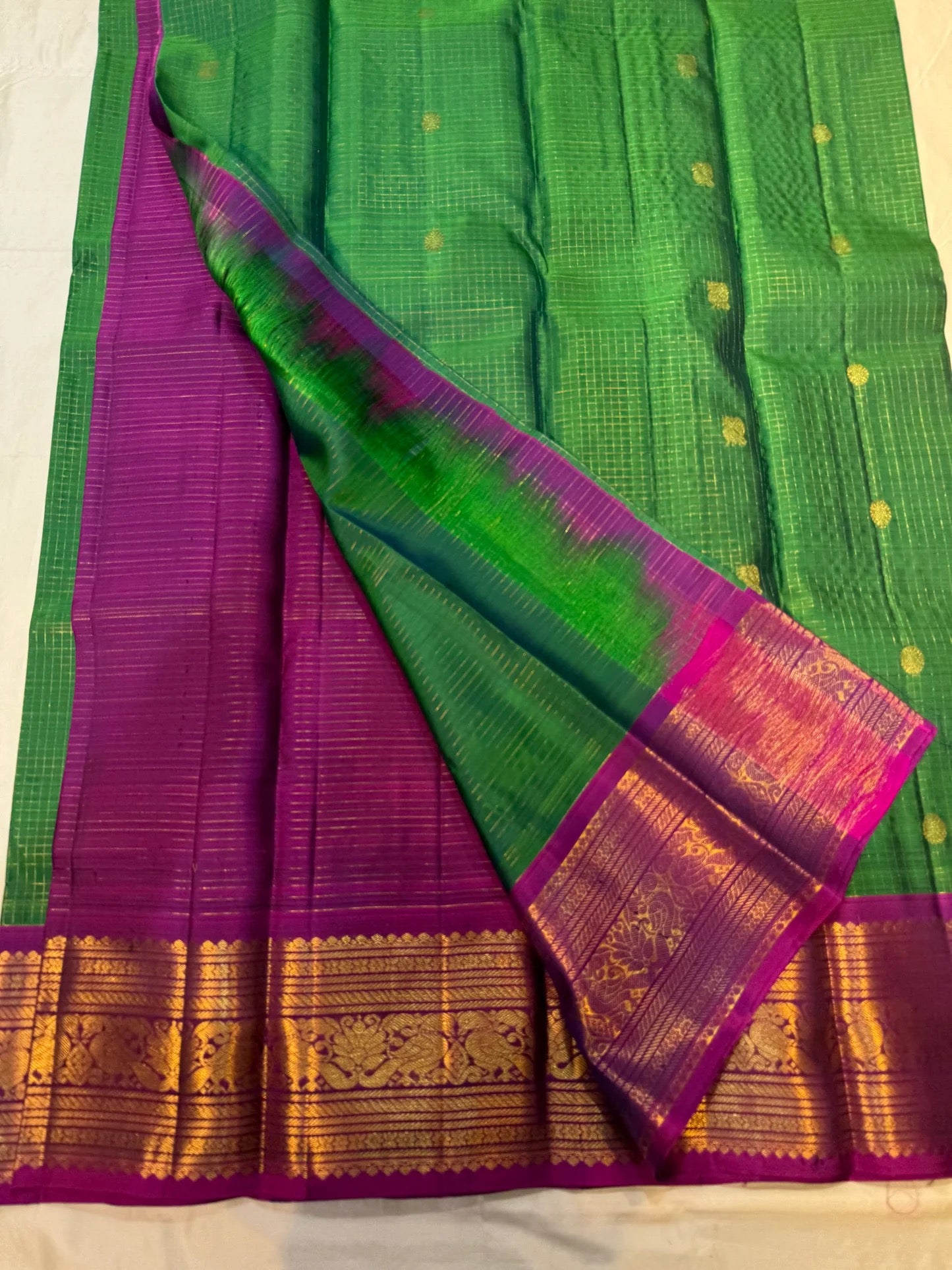 Zari kattam gold check grid with kamalam butta on forest green Kanchipuram silk saree — Idam Living