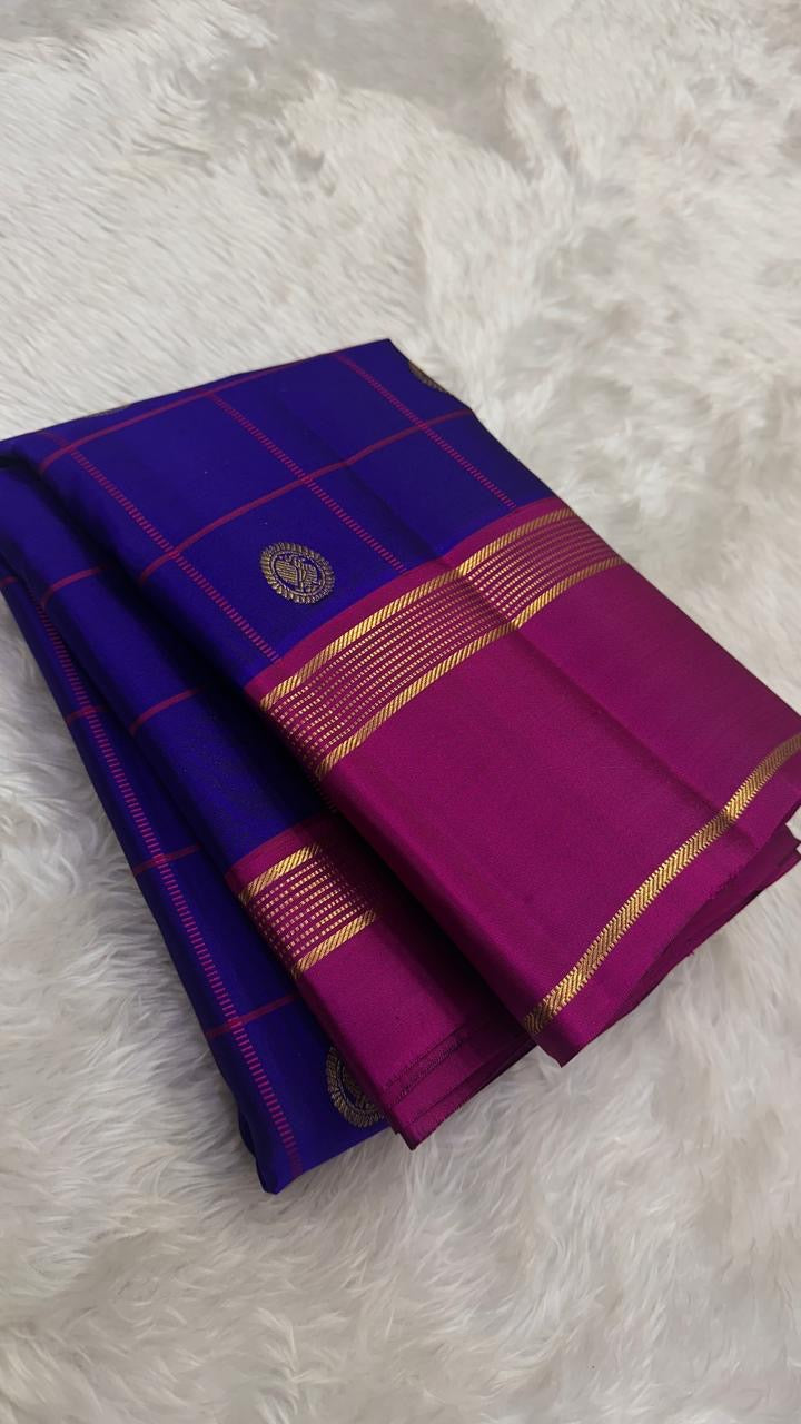 Royal Blue pure silk Kanjivaram saree — magenta checks