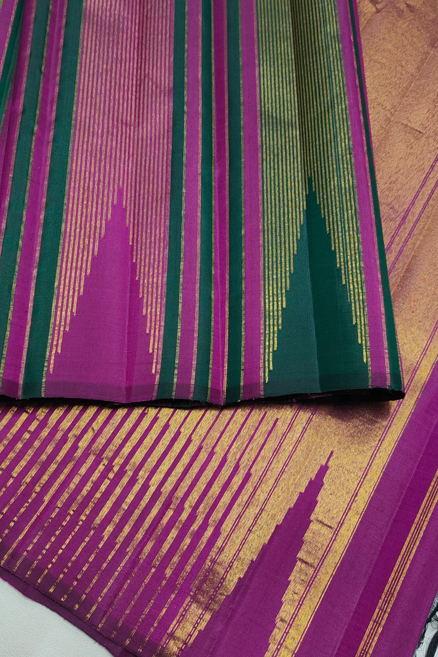 Magenta and Dark Green Handwoven Pure Silk Kanchi Pattu Saree with Gold Zari Stripe Border