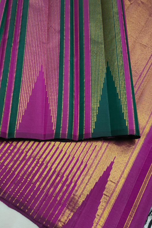 Magenta and Dark Green Handwoven Pure Silk Kanchi Pattu Saree with Gold Zari Stripe Border