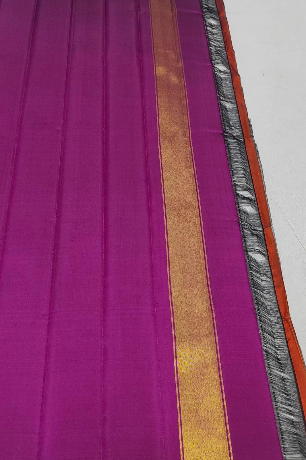 Magenta and Dark Green Handwoven Pure Silk Kanchi Pattu Saree with Gold Zari Stripe Border