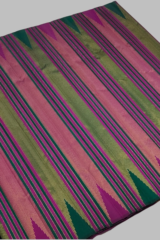 Magenta and Dark Green Handwoven Pure Silk Kanchi Pattu Saree with Gold Zari Stripe Border
