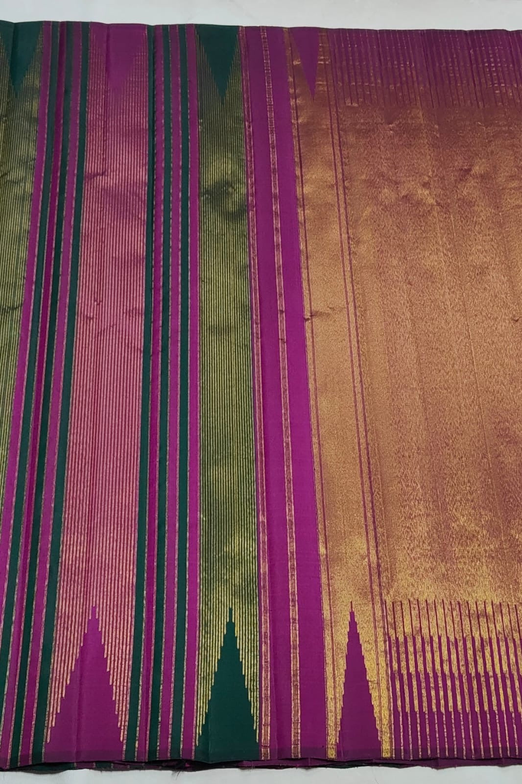 Magenta and Dark Green Handwoven Pure Silk Kanchi Pattu Saree with Gold Zari Stripe Border