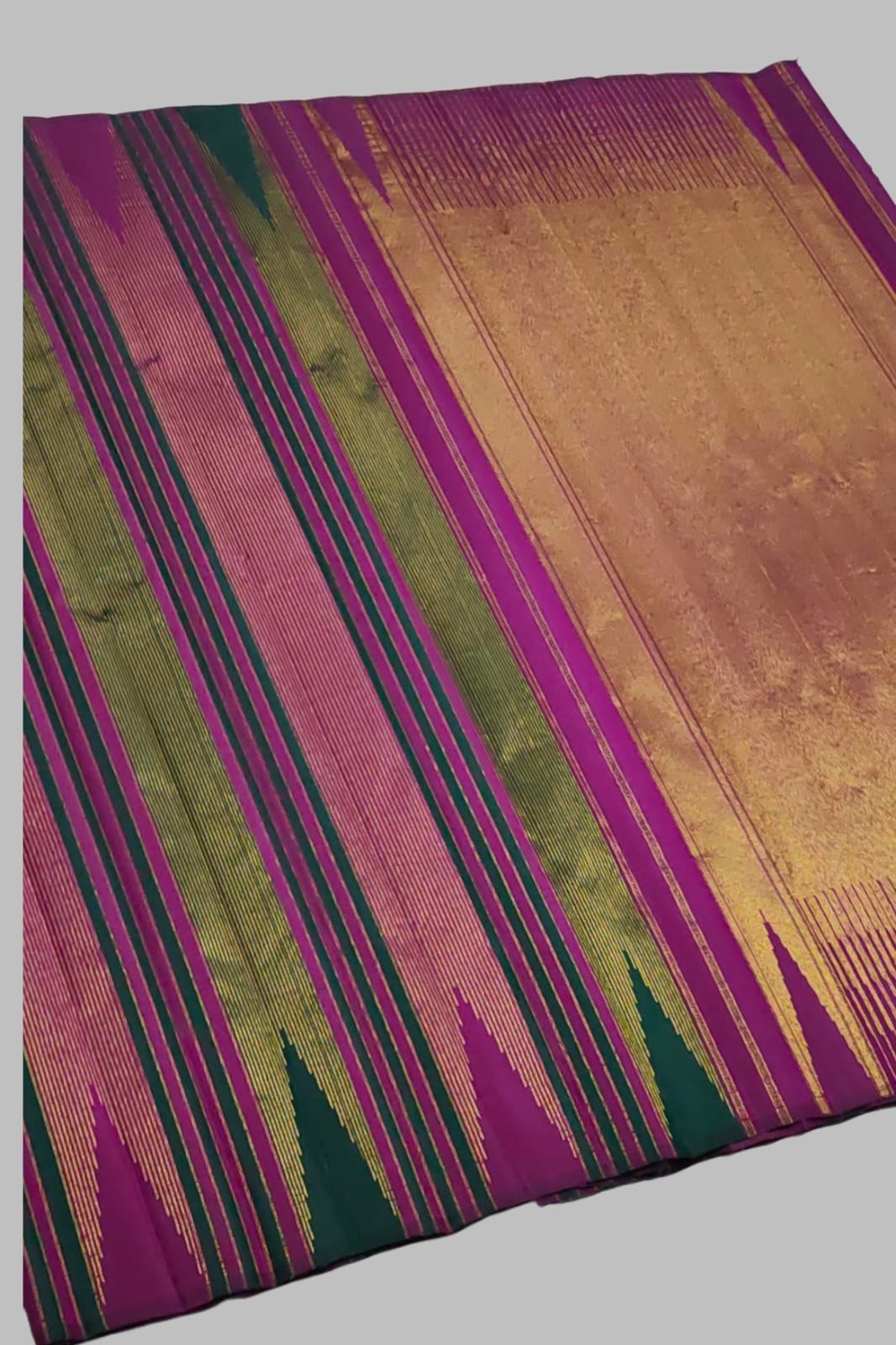 Magenta and Dark Green Handwoven Pure Silk Kanchi Pattu Saree with Gold Zari Stripe Border
