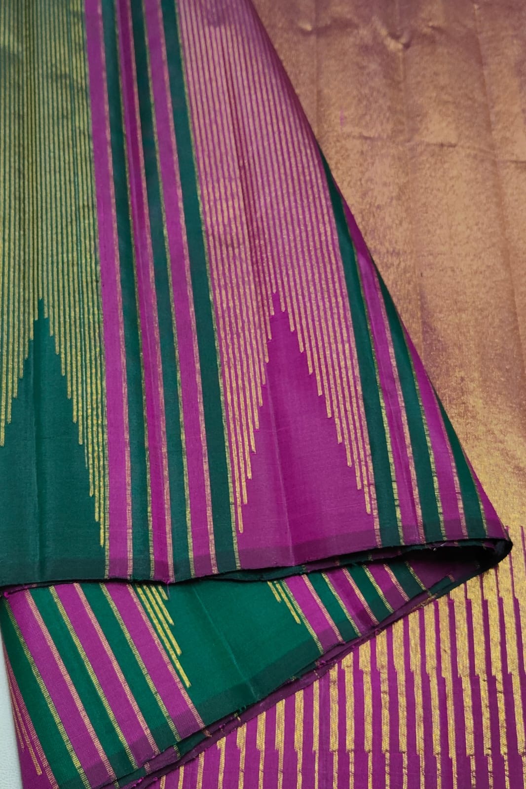 Magenta and Dark Green Handwoven Pure Silk Kanchi Pattu Saree with Gold Zari Stripe Border