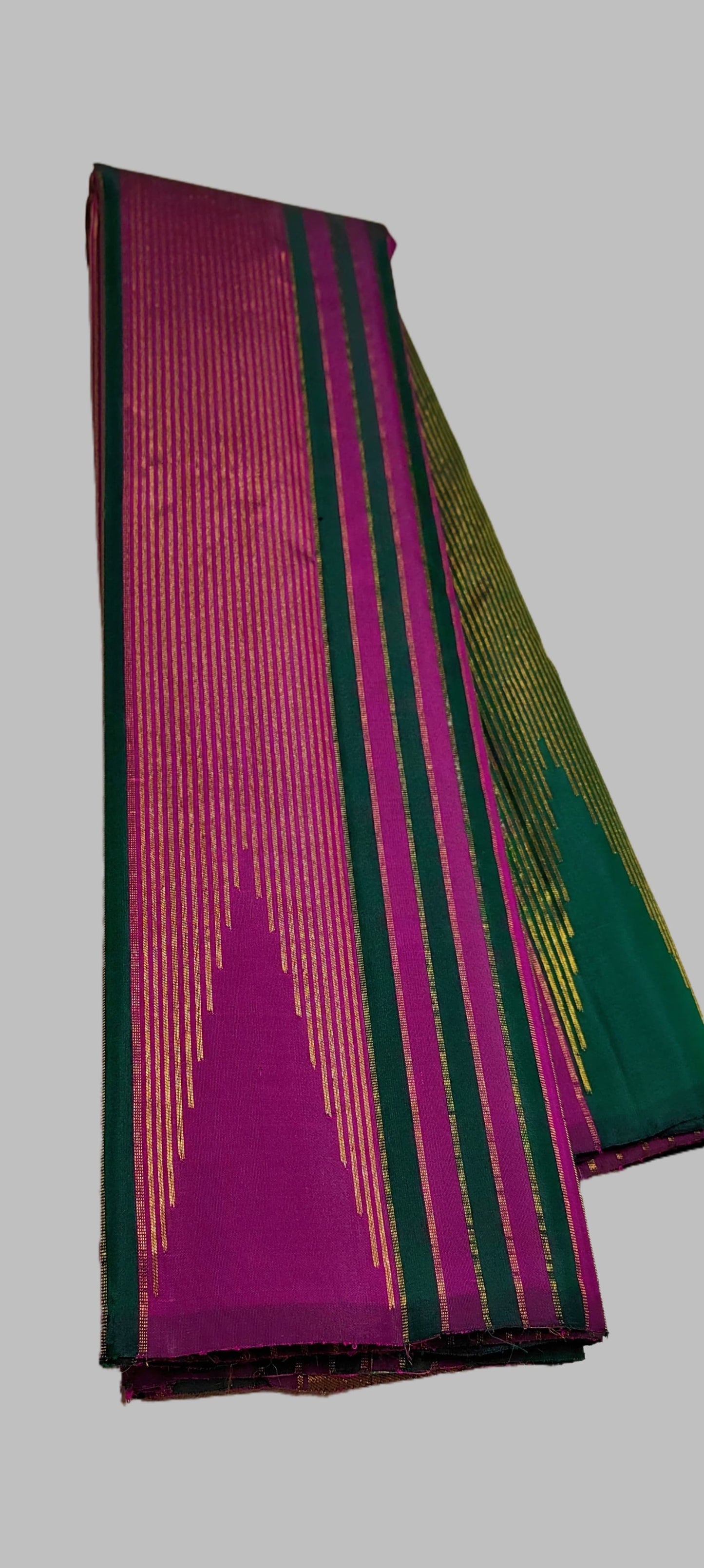 Magenta and Dark Green Handwoven Pure Silk Kanchi Pattu Saree with Gold Zari Stripe Border
