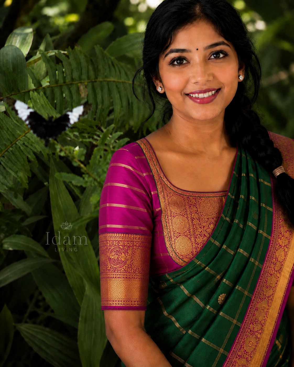 Suggested antique-gold zari blouse design pairing for the Deep Bottle Green Rani-Magenta Kanchipuram saree — Idam Living