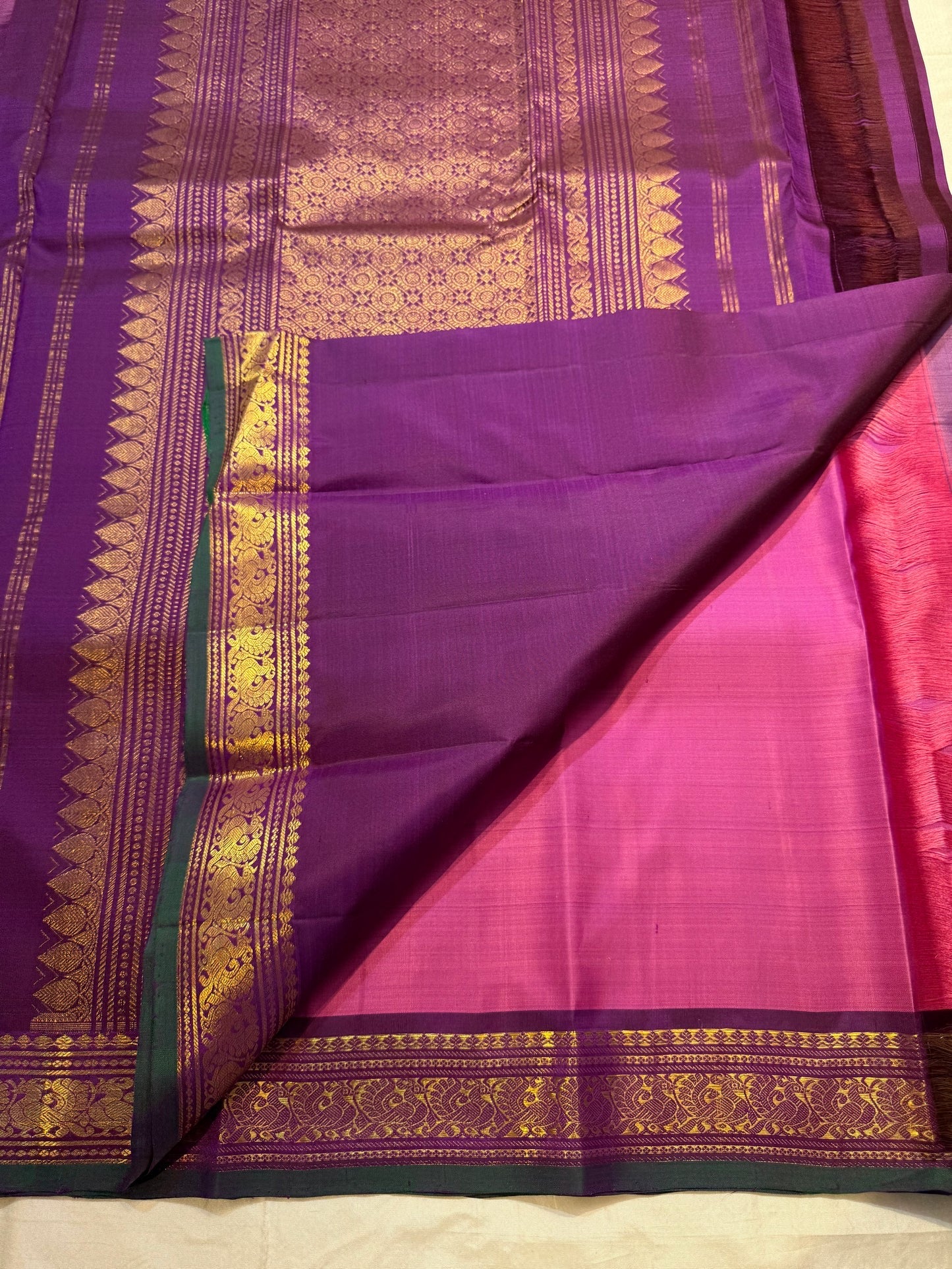 Magenta handwoven pure silk Kanchi Pattu saree with purple-green Korvai peacock border — Idam Living