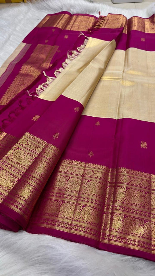 Raspberry Pink and Jasmine Ivory Handwoven Pure Silk Kanjeevaram Saree with Gold Korvai Peacock Border