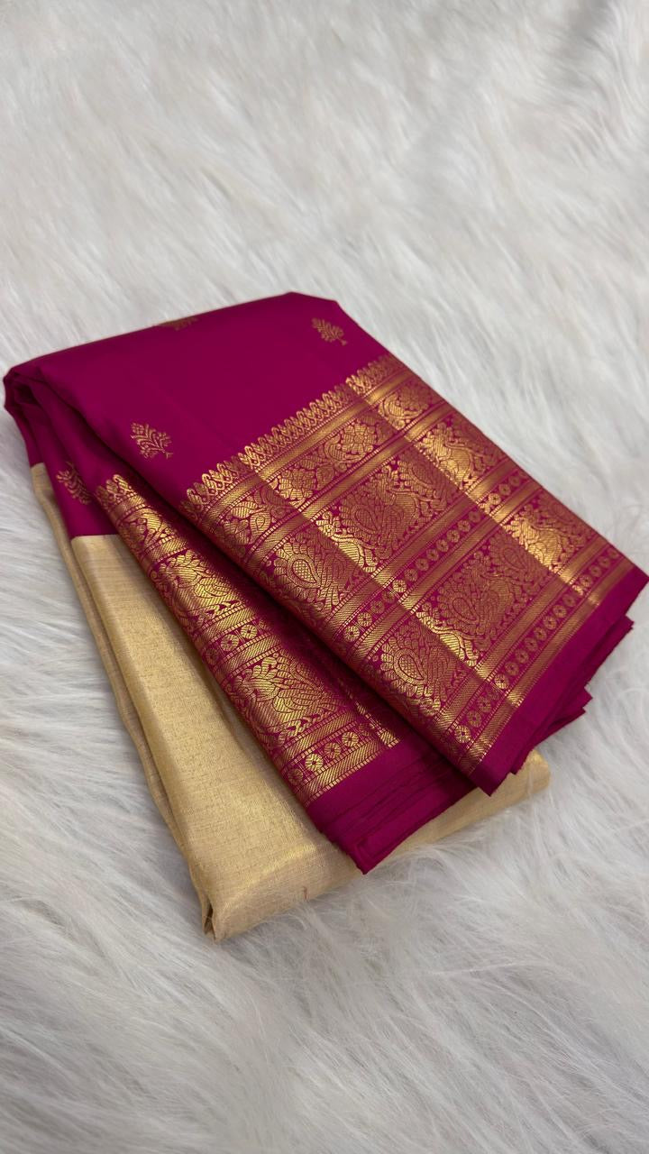 Magenta Handwoven Pure Silk Kanjeevaram Saree with Gold Korvai Peacock Border