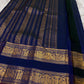 Navy blue Kanjipuram silk saree body close-up showing Mayil peacock and Pavun coin antique gold zari butta motifs