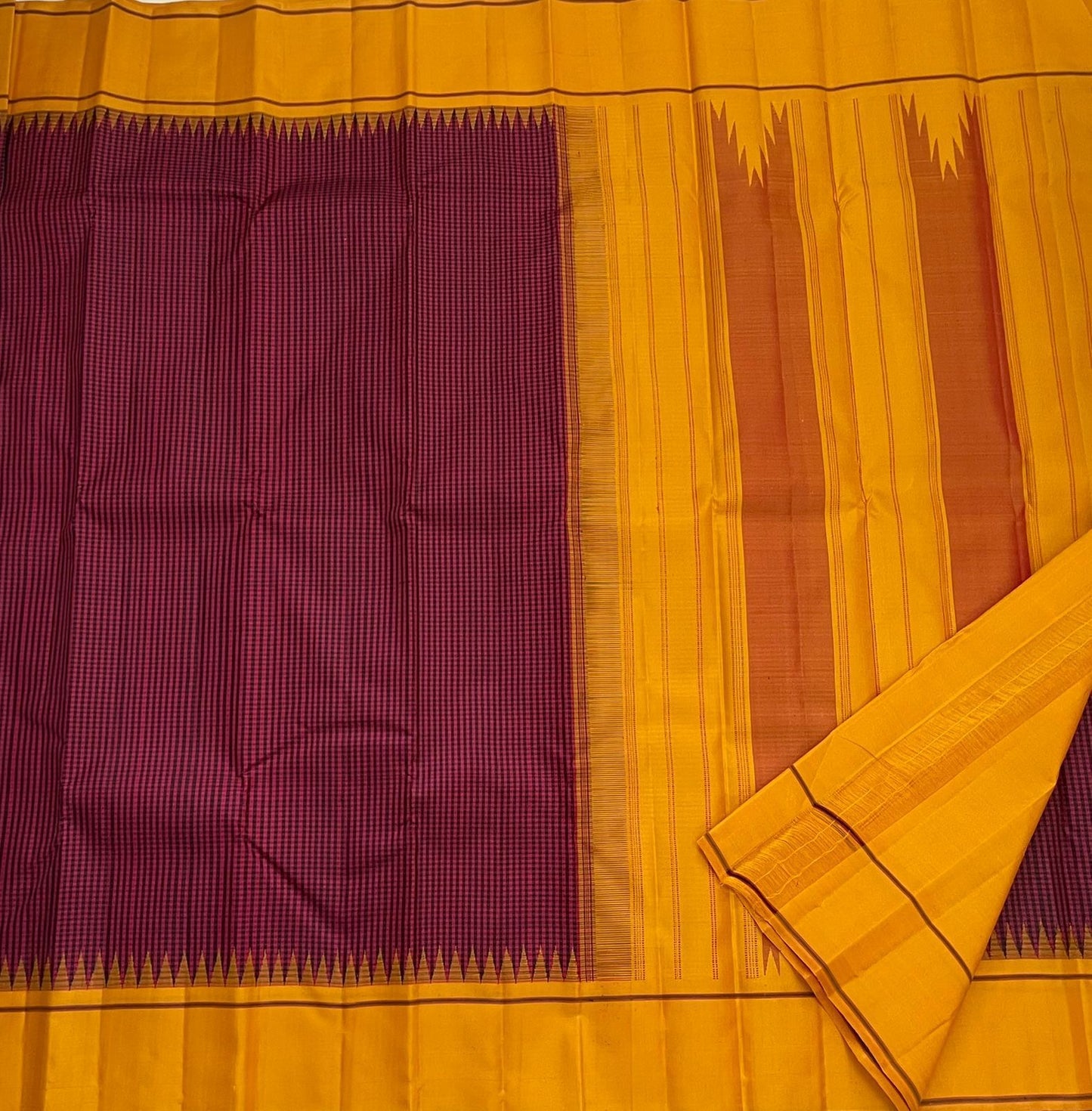 Magenta and Mustard Yellow Handwoven Pure Silk Kanchipuram Saree with Kanchi Kattam Check Body