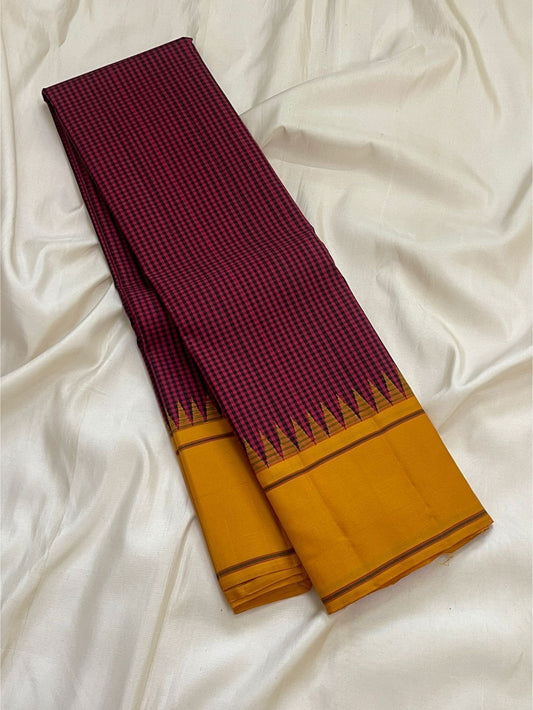 Magenta and Mustard Yellow Handwoven Pure Silk Kanchipuram Saree with Kanchi Kattam Check Body
