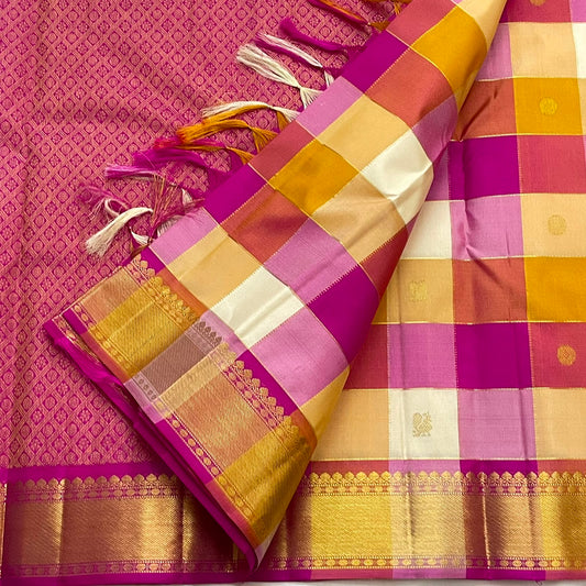 Multicolour pink-cream-mustard-white check pallu detail