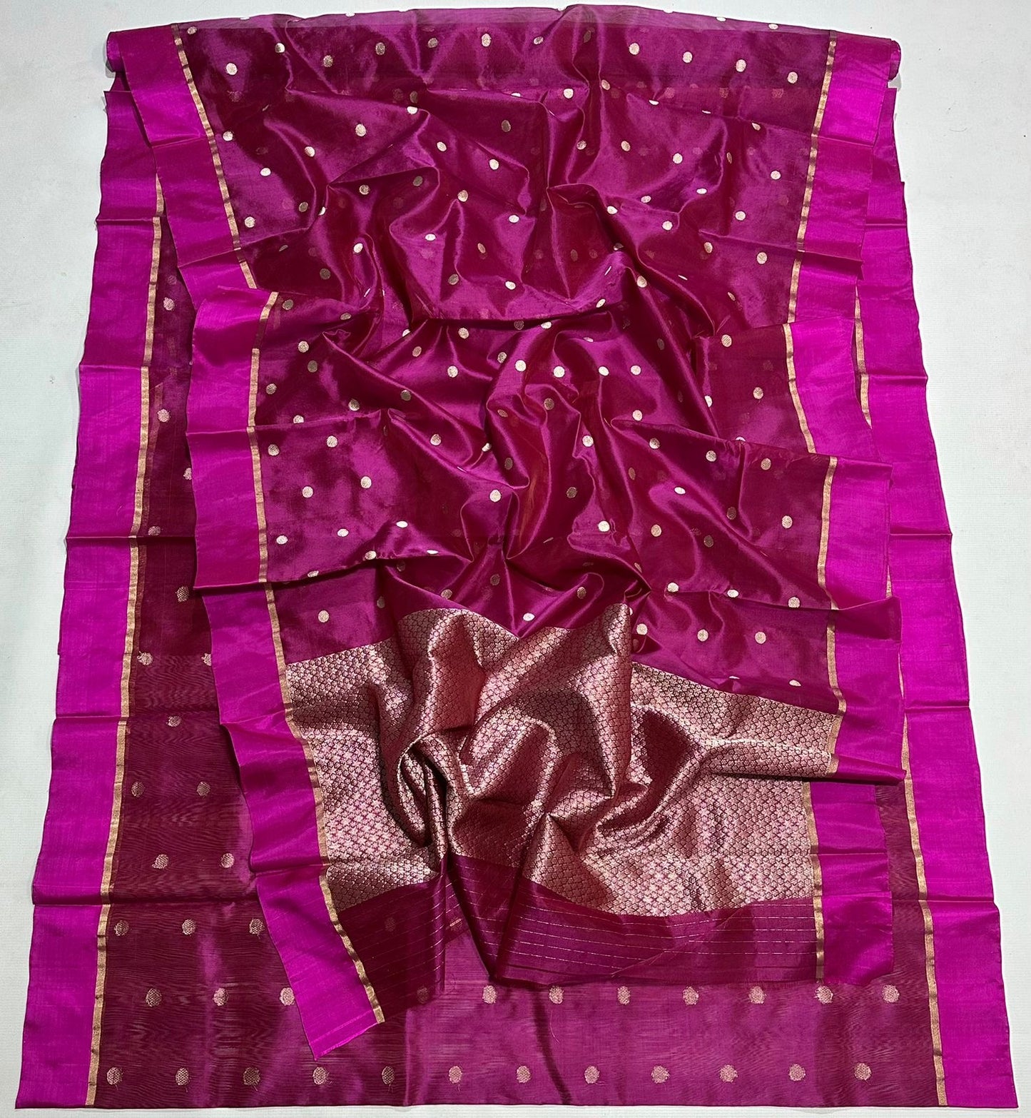 Magenta Handwoven Pattu Silk Chanderi Saree with Gold Butti and Brocaded Pallu