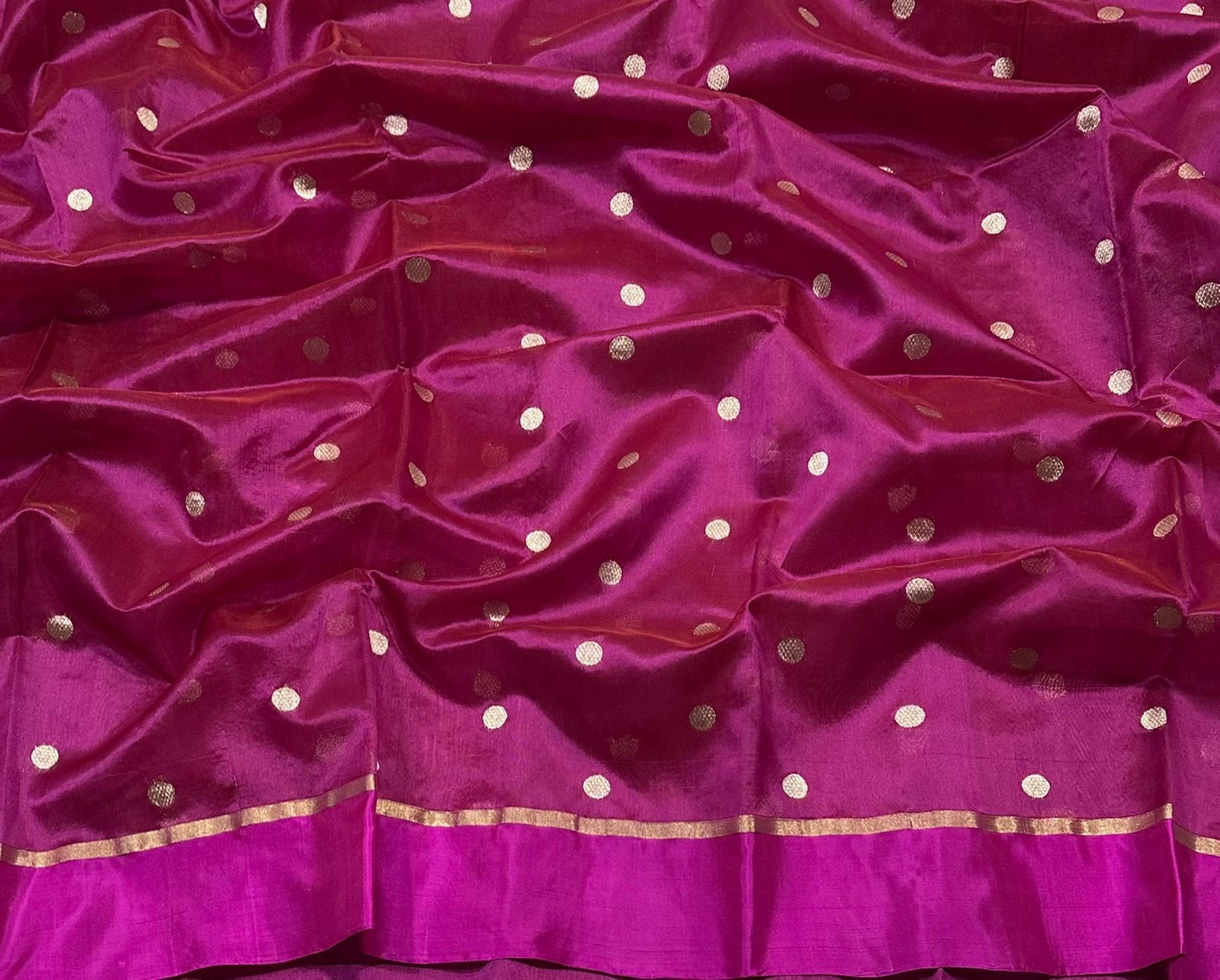 Magenta Handwoven Pattu Silk Chanderi Saree with Gold Butti and Brocaded Pallu