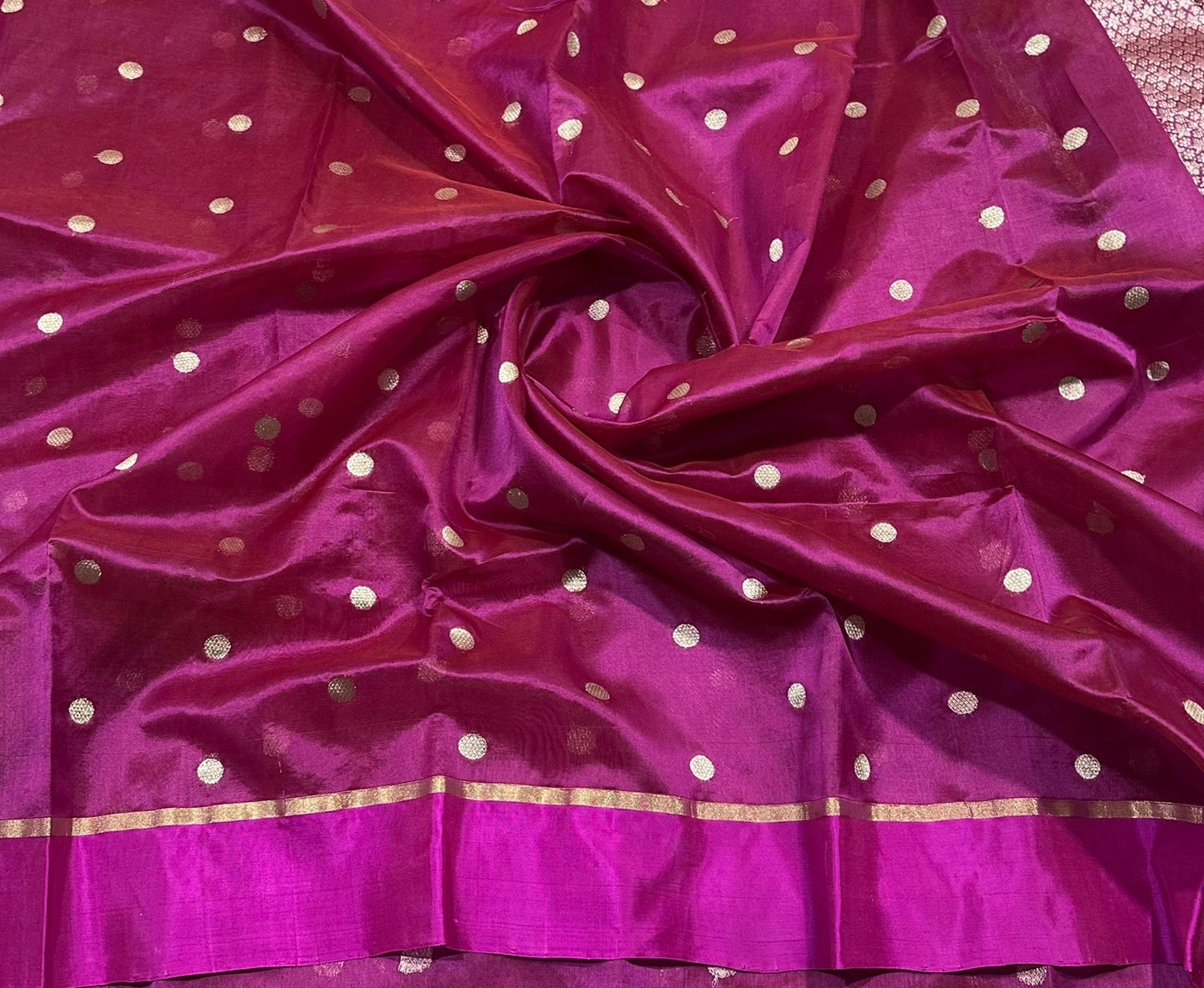 Magenta Handwoven Pattu Silk Chanderi Saree with Gold Butti and Brocaded Pallu