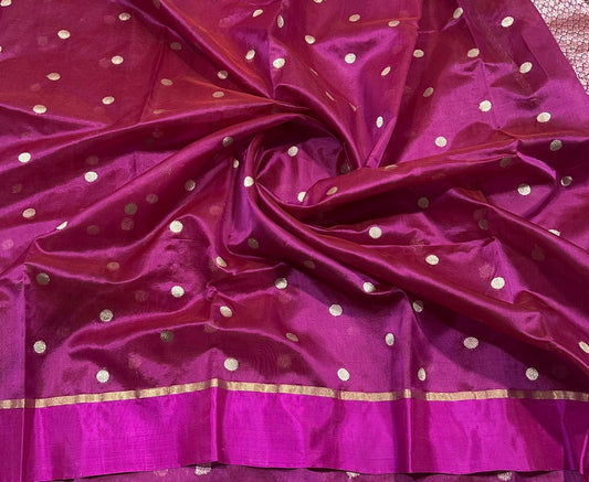 Magenta Handwoven Pattu Silk Chanderi Saree with Gold Butti and Brocaded Pallu