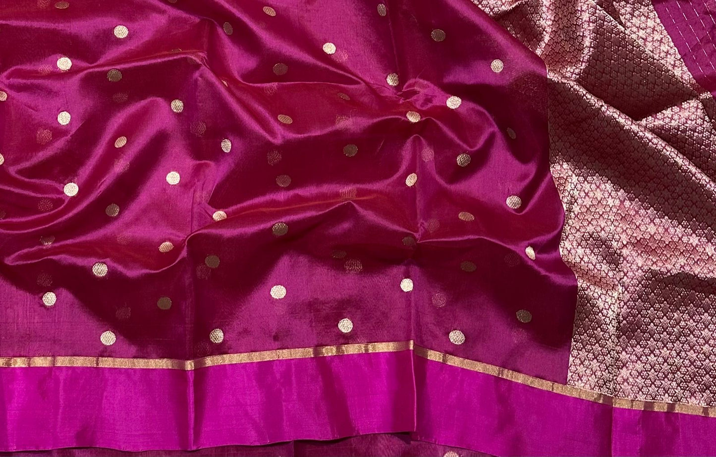 Magenta Handwoven Pattu Silk Chanderi Saree with Gold Butti and Brocaded Pallu