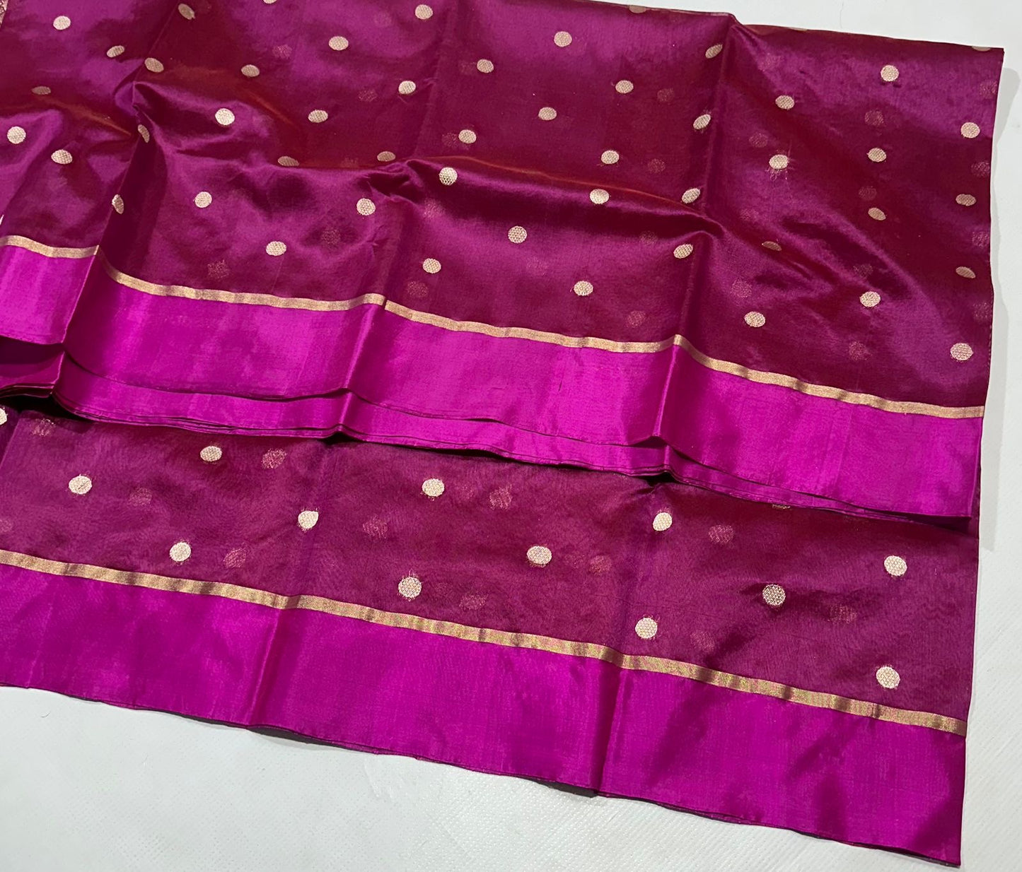 Magenta Handwoven Pattu Silk Chanderi Saree with Gold Butti and Brocaded Pallu