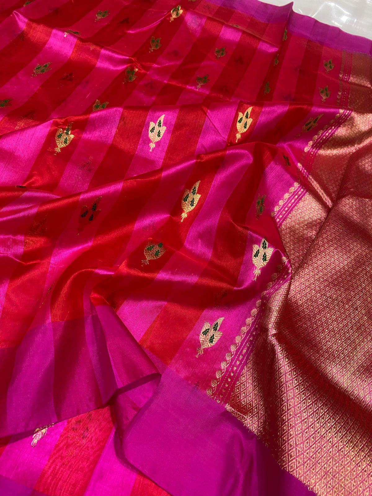 Magenta Pattu Silk Chanderi saree with tonal woven stripes