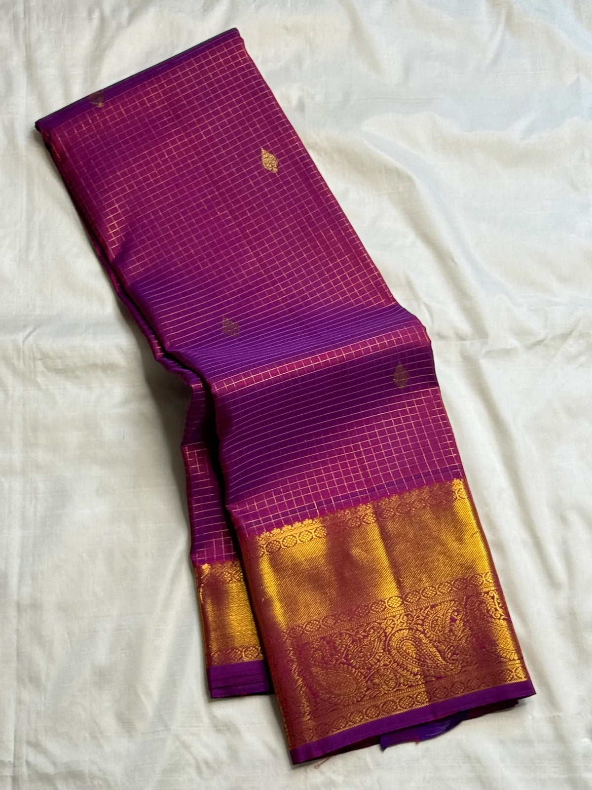 Handwoven magenta purple Kanjivaram saree with fine zari checks