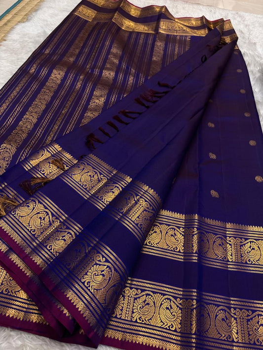Deep Purple and Magenta Handwoven Pure Silk KanchiPattu Saree with Rettapet Yaanai Chakram Butta and Annam Pallu Border