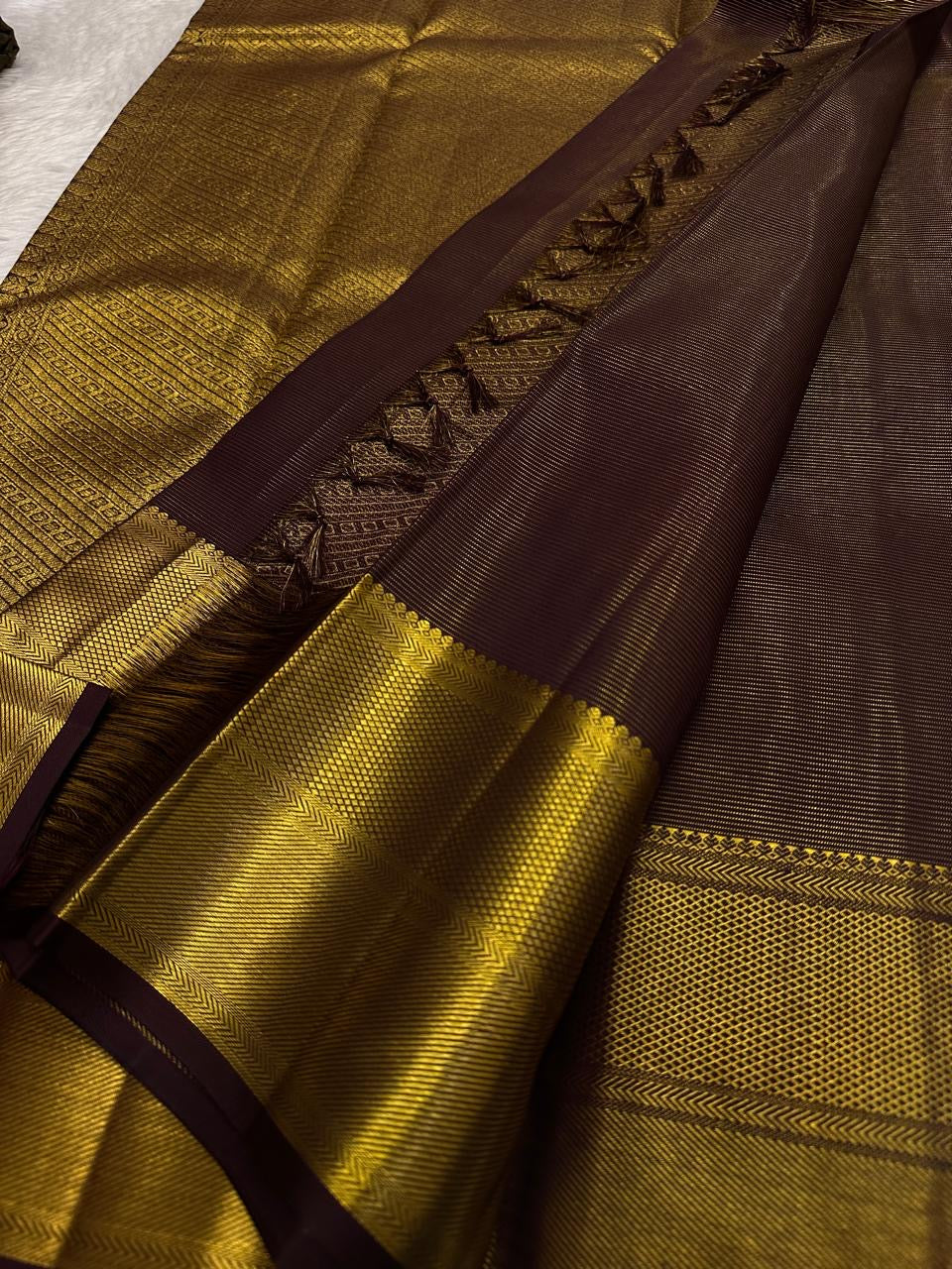 Deep Mahogany Brown and Antique Gold Handwoven Pure Silk Kanchipuram Saree with Vairaoosi and Mayil Chakram Butta