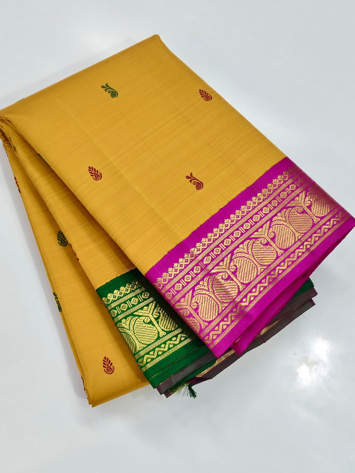 Mambazham Manjal vintage Kanjivaram silk saree with small red-and-green woven buttas