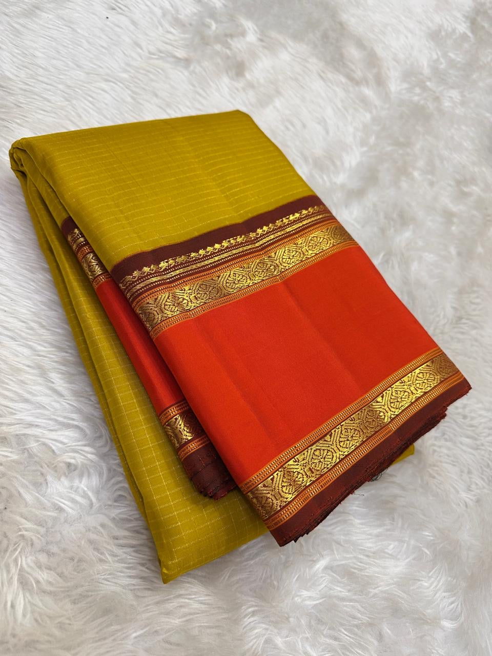 Mango Mustard and Sindhu Orange Handwoven Pure Silk Kanjivaram Saree with Zari Kattam Border