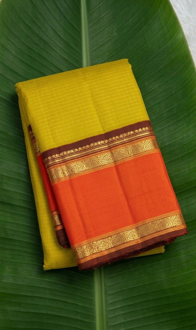 Mango Mustard and Sindhu Orange Handwoven Pure Silk Kanjivaram Saree with Zari Kattam Border