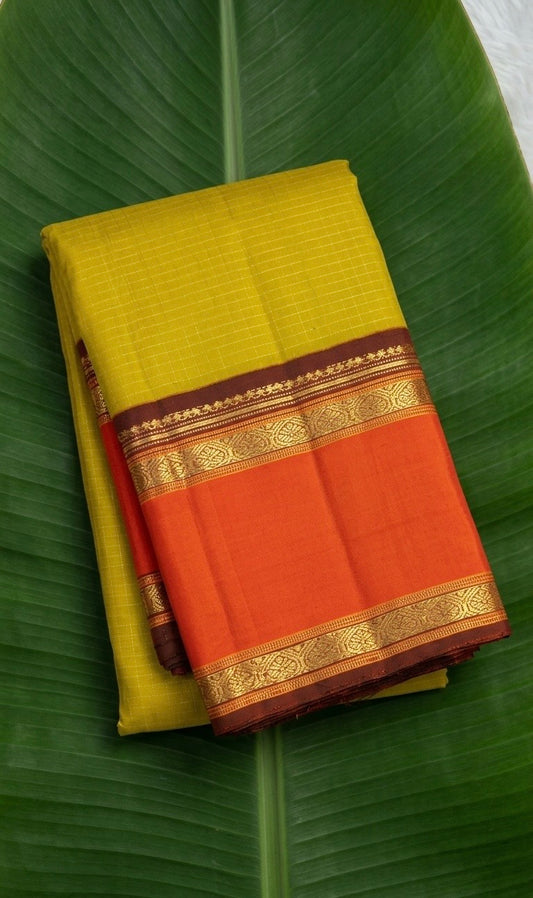 Mango Mustard and Sindhu Orange Handwoven Pure Silk Kanjivaram Saree with Zari Kattam Border