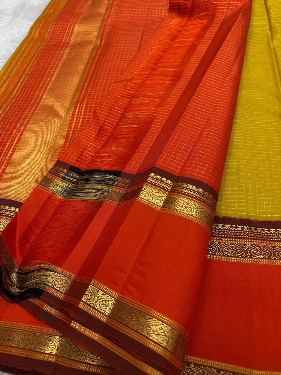 Mango Mustard and Sindhu Orange Handwoven Pure Silk Kanjivaram Saree with Zari Kattam Border