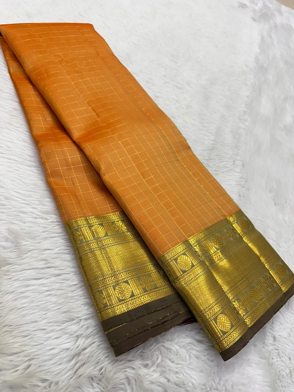 Mango-yellow pure silk Kanjeevaram Zari Kattam saree, full drape — Idam Living
