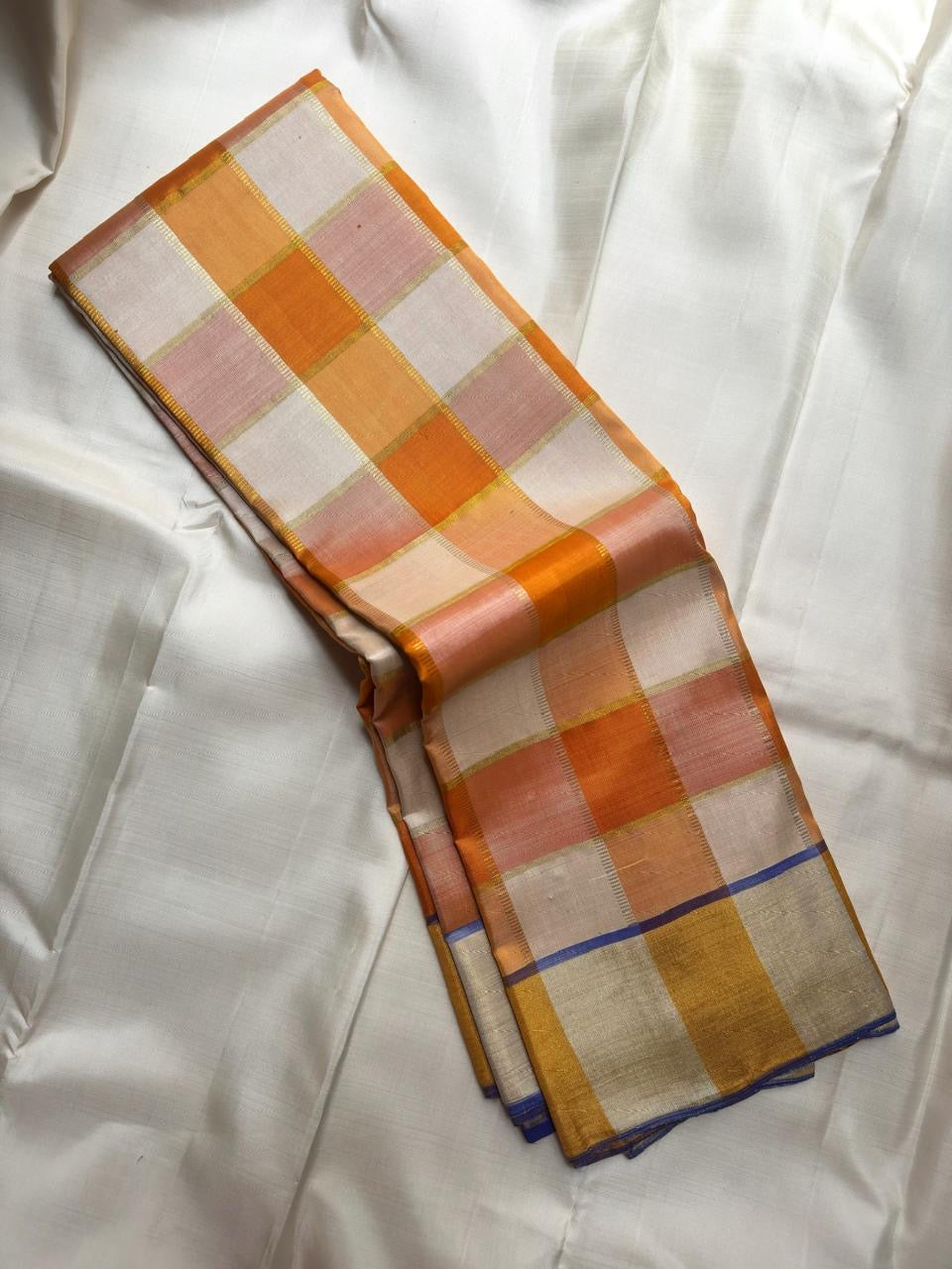 Mango Yellow and Royal Blue Lightweight Kanjivaram Kattam Saree with Seer Pallu showing checks closeup