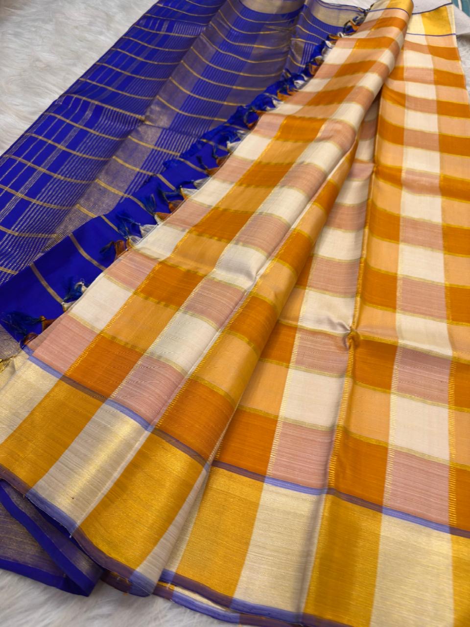 Mango Yellow and Royal Blue Lightweight Kanjivaram Kattam Saree with Seer Pallu showing full saree