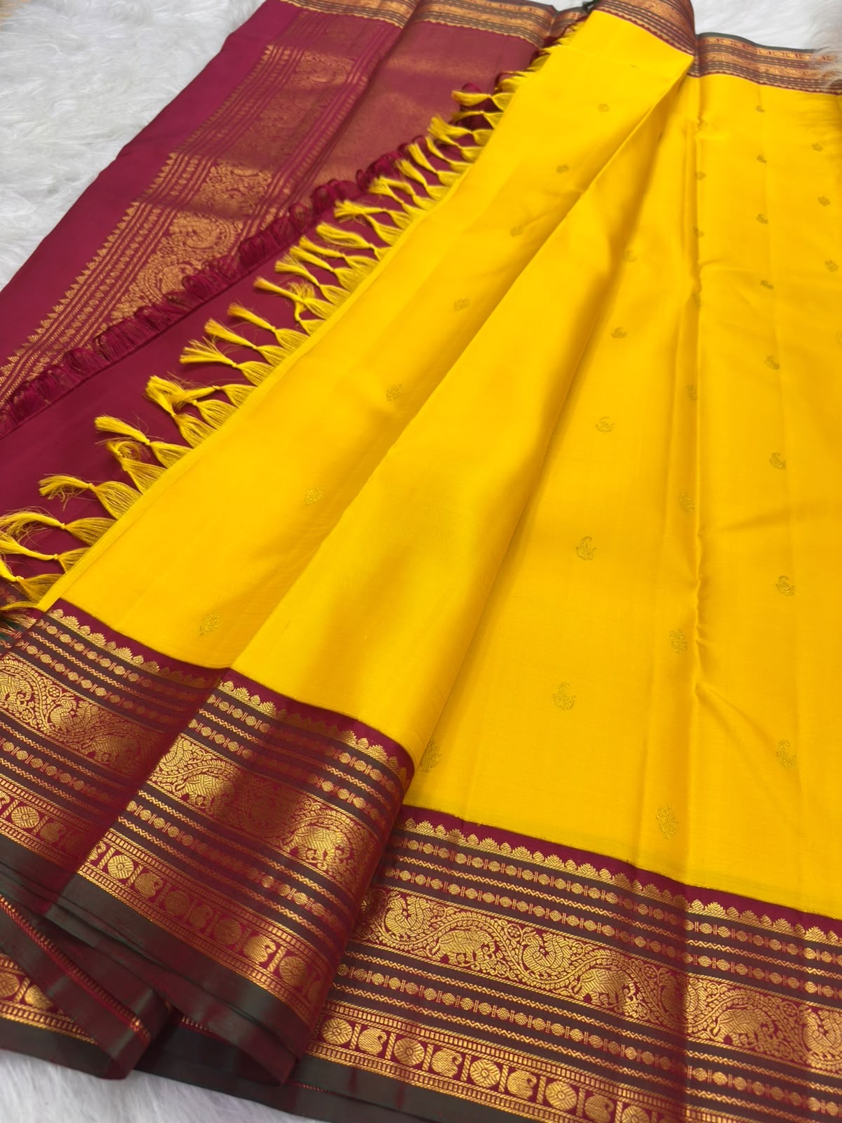Manjal yellow pure silk Kancheepuram Korvai saree, full drape — Idam Living