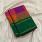 Maragatham green pallu of the sunset orange and violet Kanchi Kattam Kanchipuram saree