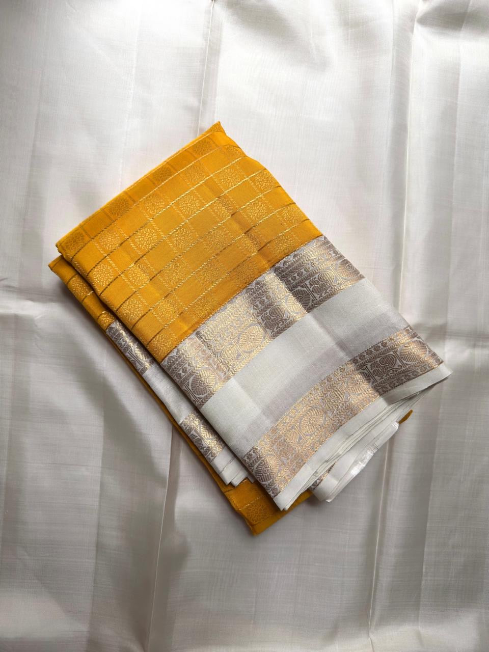 Marigold-yellow pure silk Kanjivaram Zari Kattam saree, full drape — Idam Living