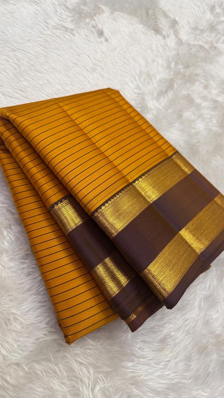 Marigold Orange pure silk Kancheepuram saree — brown lightweight