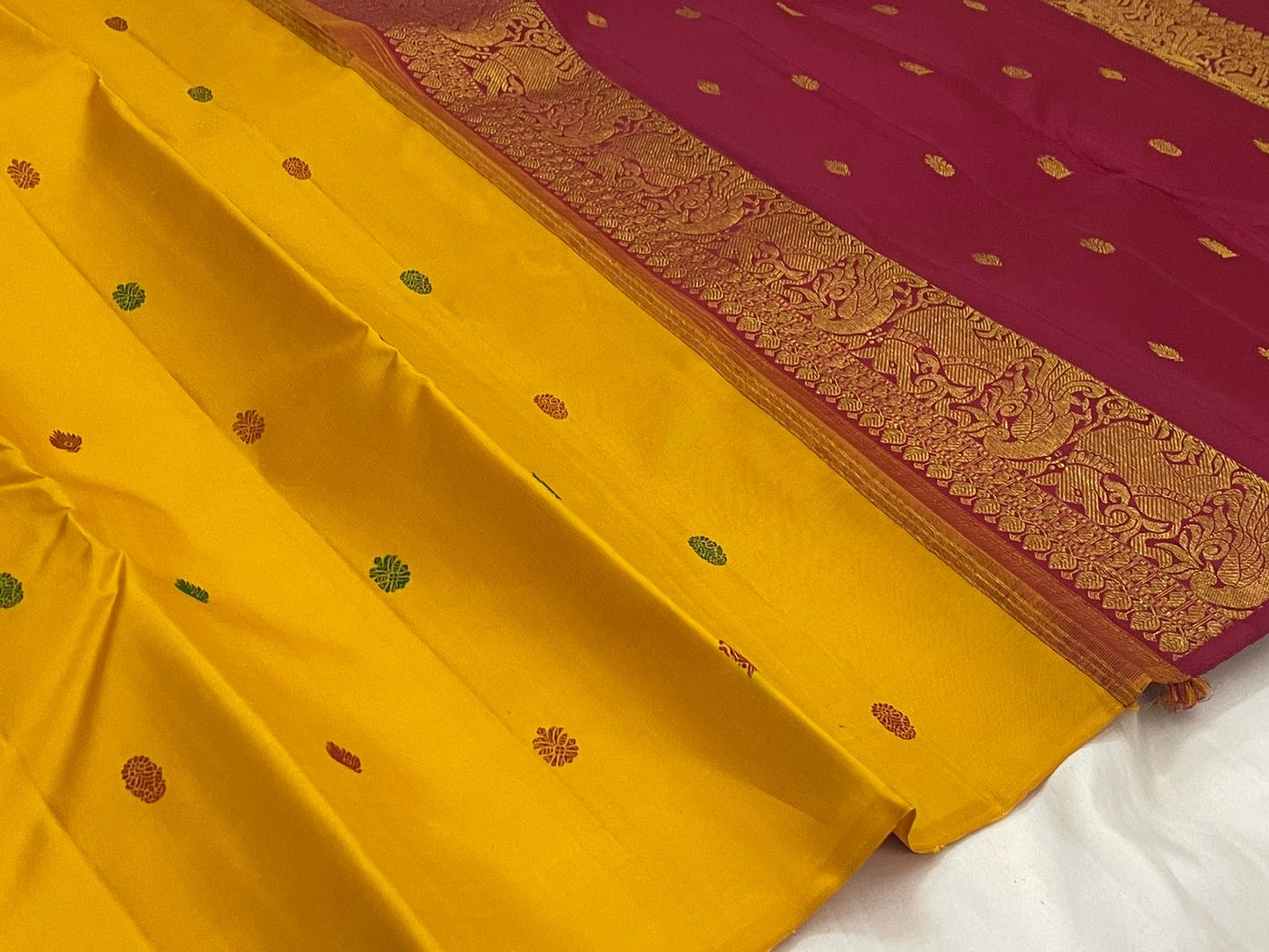 Marigold Handwoven Pure Silk Kanchipuram Saree with Multicolour Silk Thread Butta
