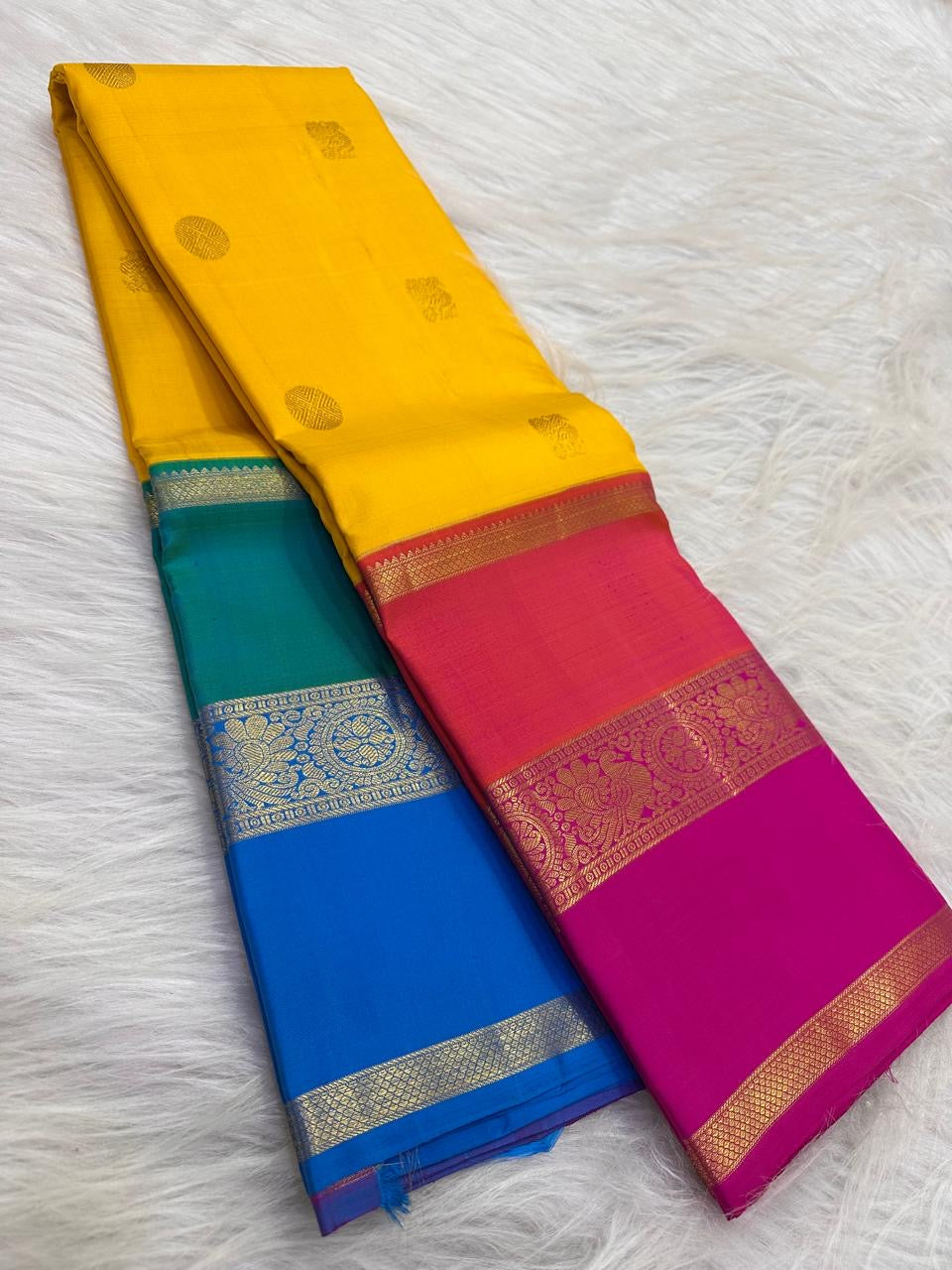 Turmeric Marigold Handwoven Pure Silk Kanchipuram Saree with Varnajaalam Multicolour Border