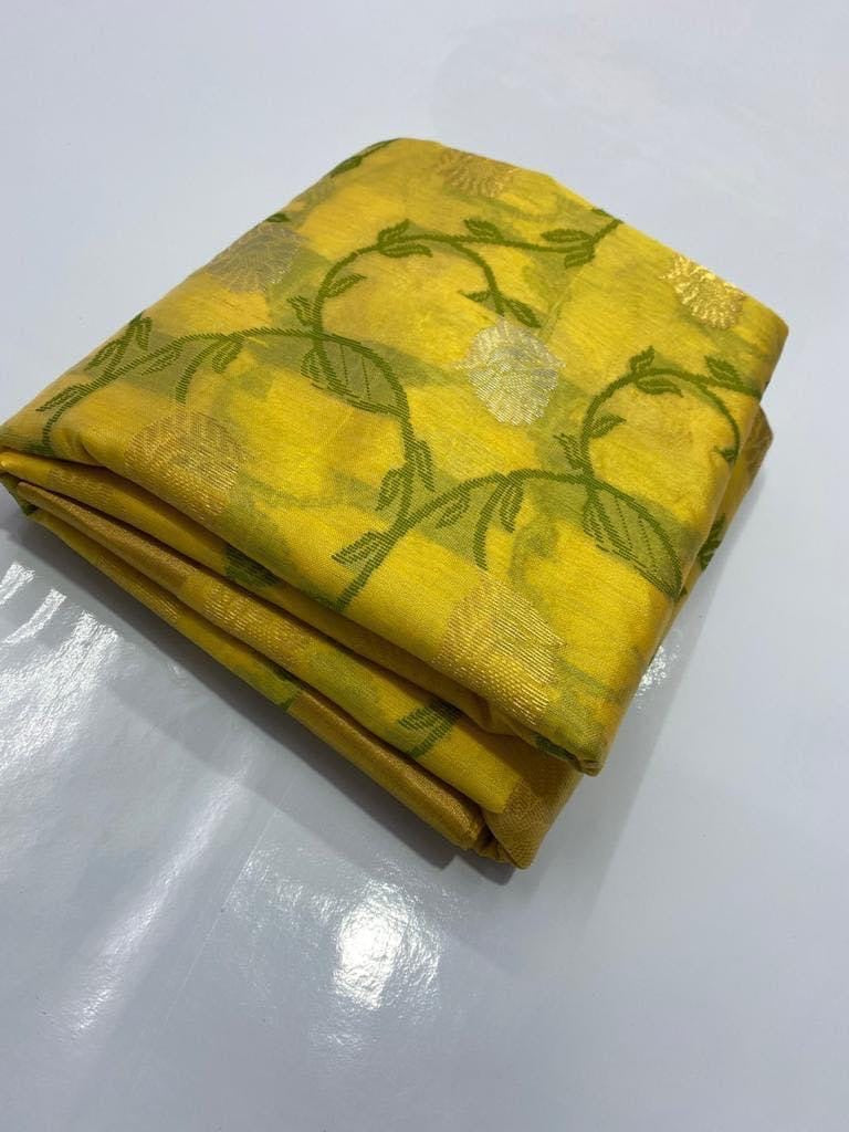 Marigold yellow and leaf green Pattu Silk Chanderi saree by Idam Living