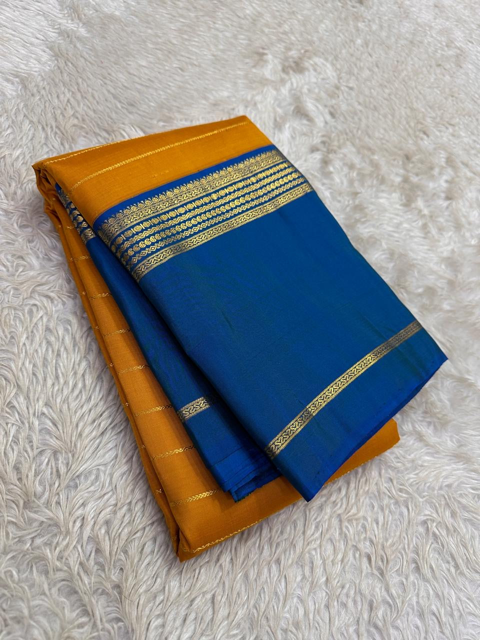 Marigold Yellow Handwoven Pure Silk Kanjeevaram Korvai Saree with Royal Blue Border and Veldhari Zari